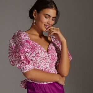 Anthropologie | Maeve Pink and White Patterned Tied Back Blouse